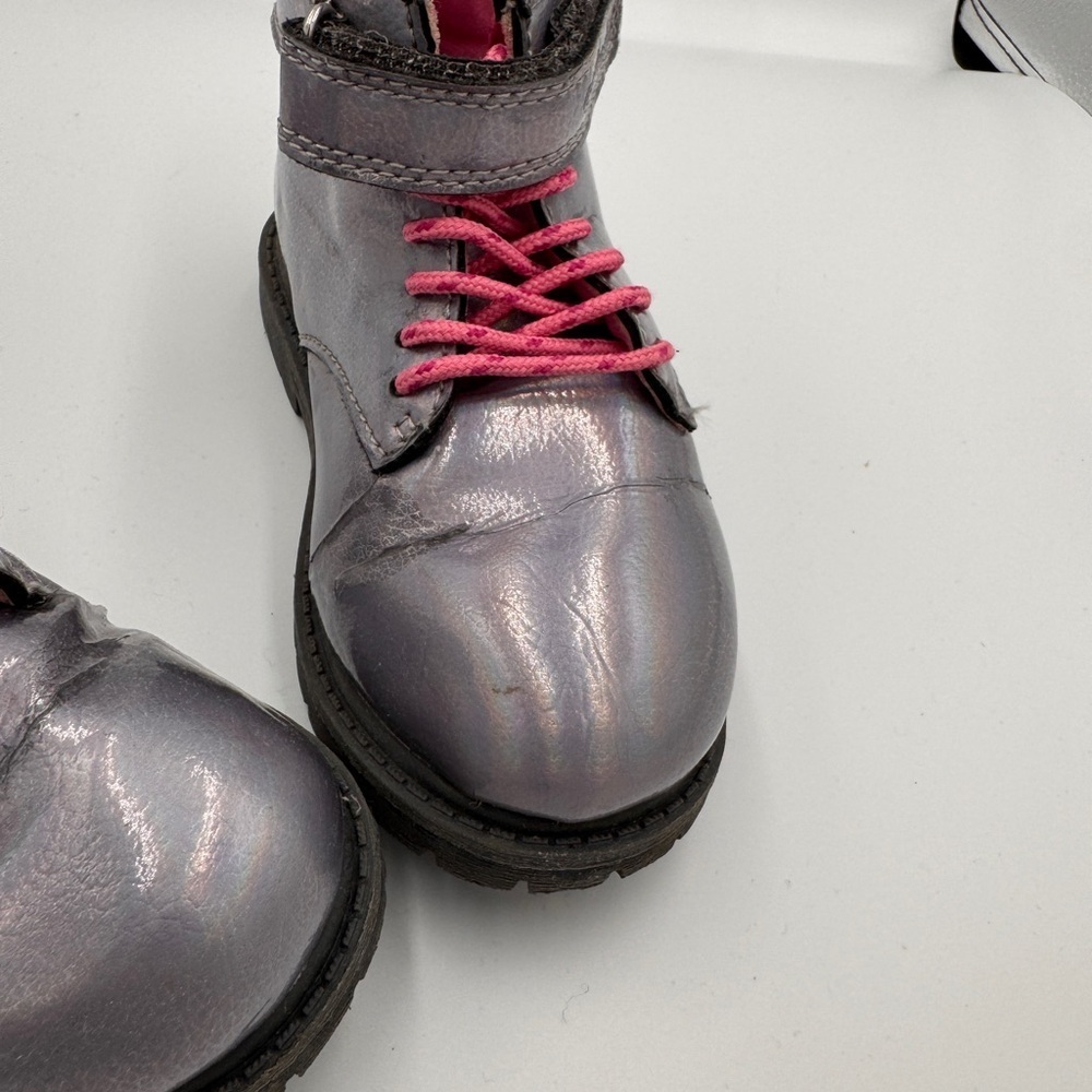 Carter's Girls Size 10 Shiny Silver Kids Combat Boots with Pink Laces - Picture 3 of 11